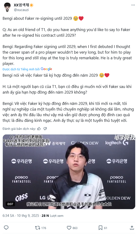 Bengi nhận định về bản hợp đồng của Faker và khẳng định sự vĩ đại của người đồng đội cũ thân thiết Bengi nhận định về bản hợp đồng của Faker và khẳng định sự vĩ đại của người đồng đội cũ thân thiết
