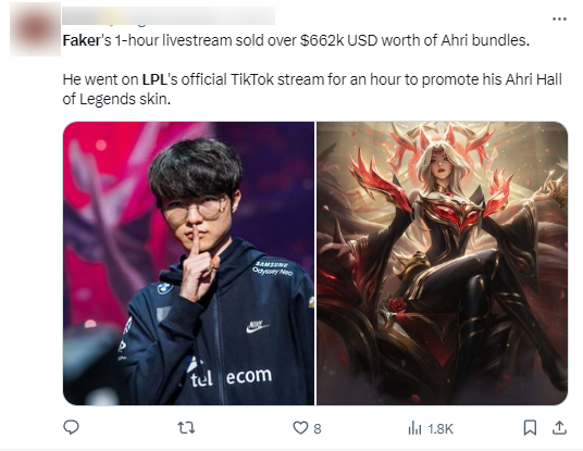 Faker livestream 1 tiếng và bán được hơn 662k USD cho bộ sưu tập Ahri HoL khi sử dụng kênh TikTok của xứ Trung (Douyin) Faker livestream 1 tiếng và bán được hơn 662k USD cho bộ sưu tập Ahri HoL khi sử dụng kênh TikTok của xứ Trung (Douyin)