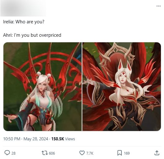 Có ý kiến còn cho rằng Riot nghèo nàn ý tưởng khi skin Ahri HoL cũng gần như hao hao Irelia Vũ Kiếm Sư