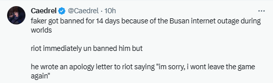 Theo BLV Caedrel cập nhật thì Riot ngay lập tức gỡ án phạt ngay cho Faker