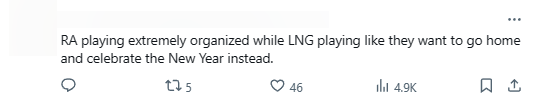 "RA chơi hoàn toàn như một tổ chức trong khi LNG chơi như kiểu họ muốn về nhà và đón năm mới thay vì thi đấu"
