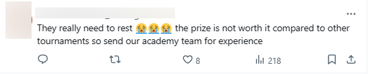 "Họ cần nghỉ ngơi. Tiền thưởng không đáng để họ phải thi đấu thêm một giải nữa vậy nên hãy để đội học viện đi lấy kinh nghiệm đi"