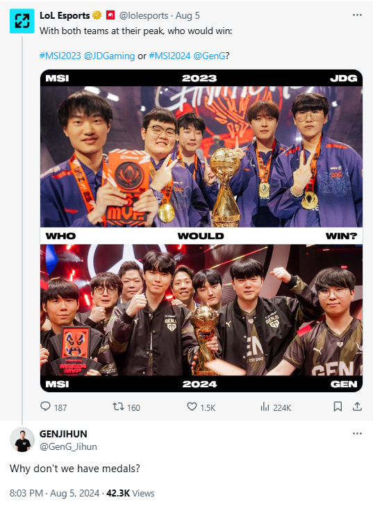 Đại diện Gen.G thắc mắc về huy chương của đội tuyển Đại diện Gen.G thắc mắc về huy chương của đội tuyển