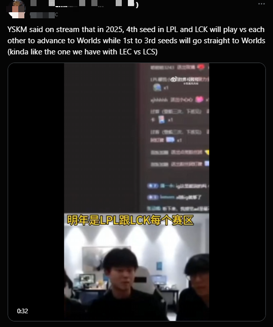 YSKM nói rằng từ năm 2025 thì hạt giống số 4 của LCK và LPL sẽ đánh thêm 1 trận để chọn đội đến CKTG YSKM nói rằng từ năm 2025 thì hạt giống số 4 của LCK và LPL sẽ đánh thêm 1 trận để chọn đội đến CKTG