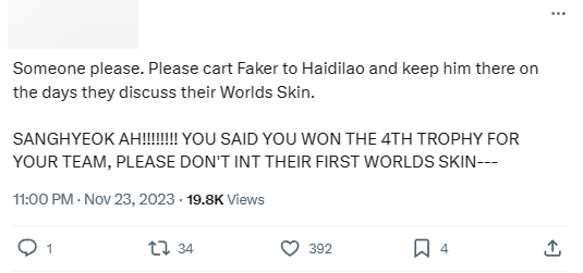 Fan yêu cầu "dẫn Faker đi ăn lẩu để cậu ấy không tham gia được vào việc thảo luận skin"