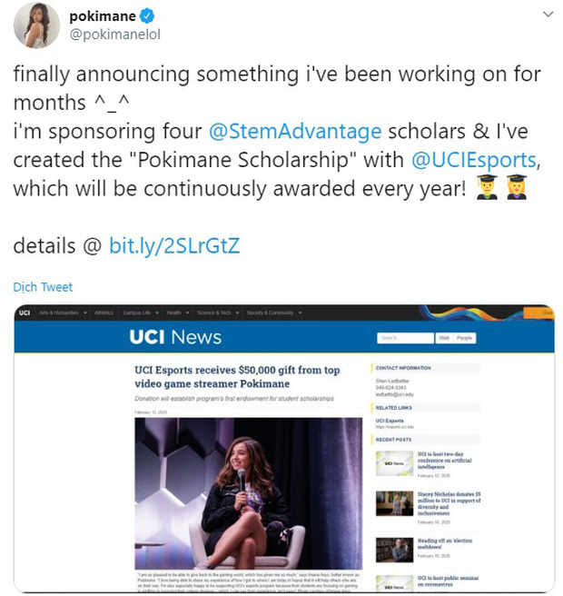 Đã xinh còn hết mình vì game thủ, nữ streamer Pokimane quyên góp hơn 1 tỷ đồng cho quỹ học bổng LMHT - Ảnh 1.