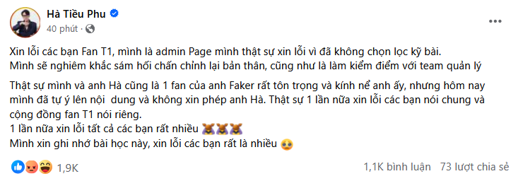 Hà Tiều Phu động chạm chuyện nhạy cảm của Faker, bài xin lỗi như 