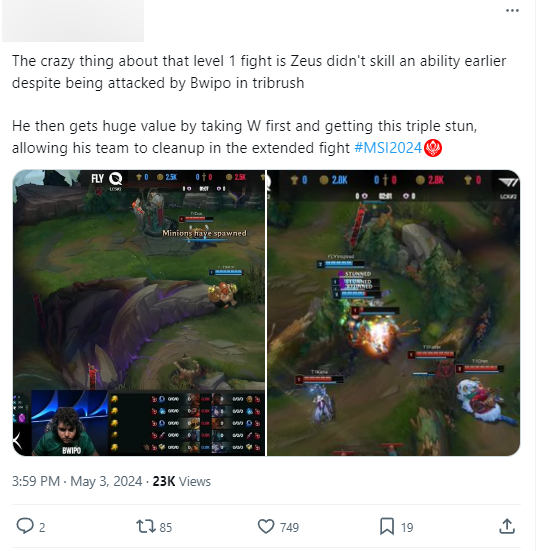 "Điều điên rồ là Zeus không nâng vào kỹ năng nào kể cả khi bị Bwipo ẩn trong bụi tấn công. Sau đó cậu ấy nâng và W đầu tiên và có cú stun 3 để cho đồng đội dọn sạch chiến trường"