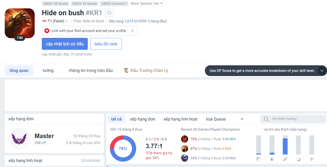 Rank của Faker cách đây ít lâu