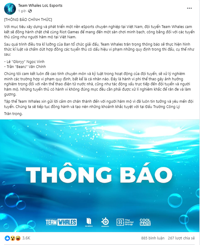 Team Whales ngay lập tức lên bài chia tay 2 tuyển thủ bị tiếp tục điều tra bổ sung